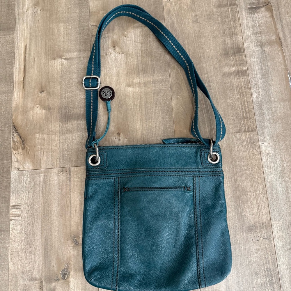 The SAK Vintage Crossbody Purse Bag Leather Turquoise Blue Fabric Strap - Picture 10 of 16